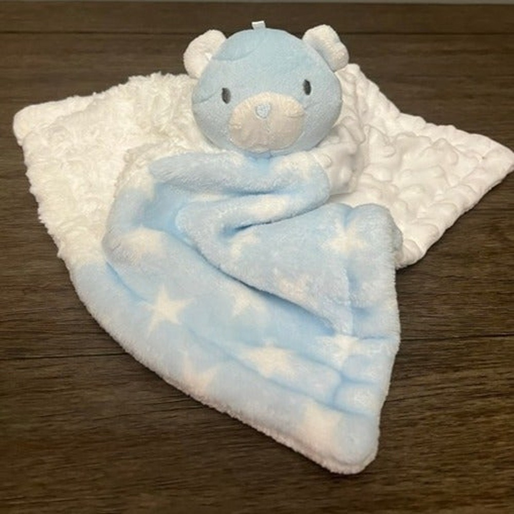 Baby Essentials Blue Teddy Bear Lovey with Pattern & Textured Blanket Top